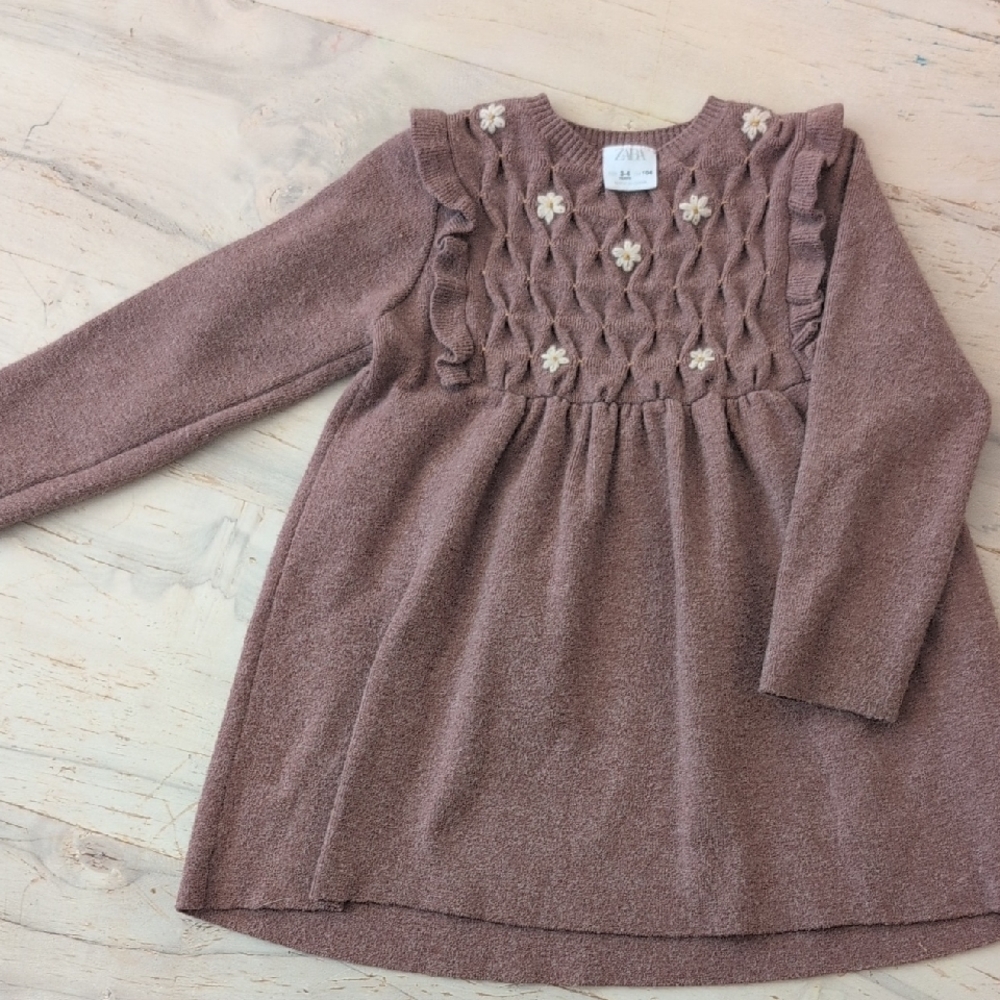 Zara Kids' Tan Knit Dress with Floral Accents